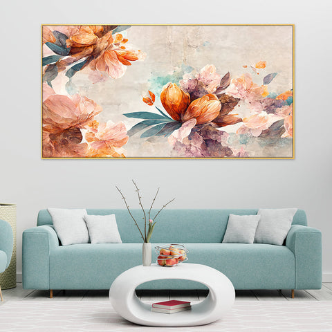 Beautiful Pink and Golden Flowers Elegant Floating Frame Canvas Wall Painting