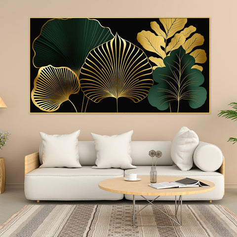 Modern Art Golden Leaves Floral Floating Framed Canvas Wall Painting