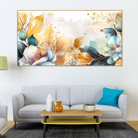 Golden Leaves Blue Flower Modern Art Print Floating Framed Canvas Wall Painting