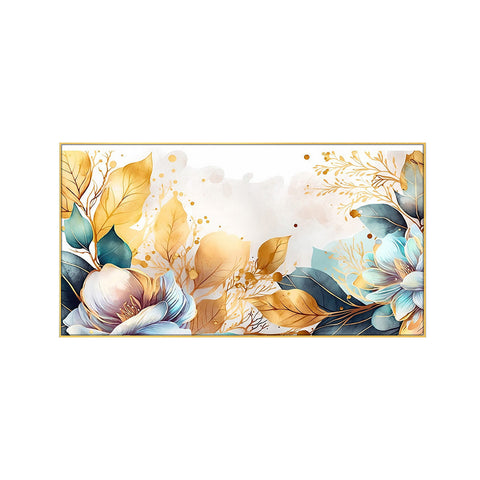 Golden Leaves Blue Flower Modern Art Print Floating Framed Canvas Wall Painting