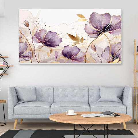 Purple Flower with Golden Leaves Floating Framed Canvas Wall Painting