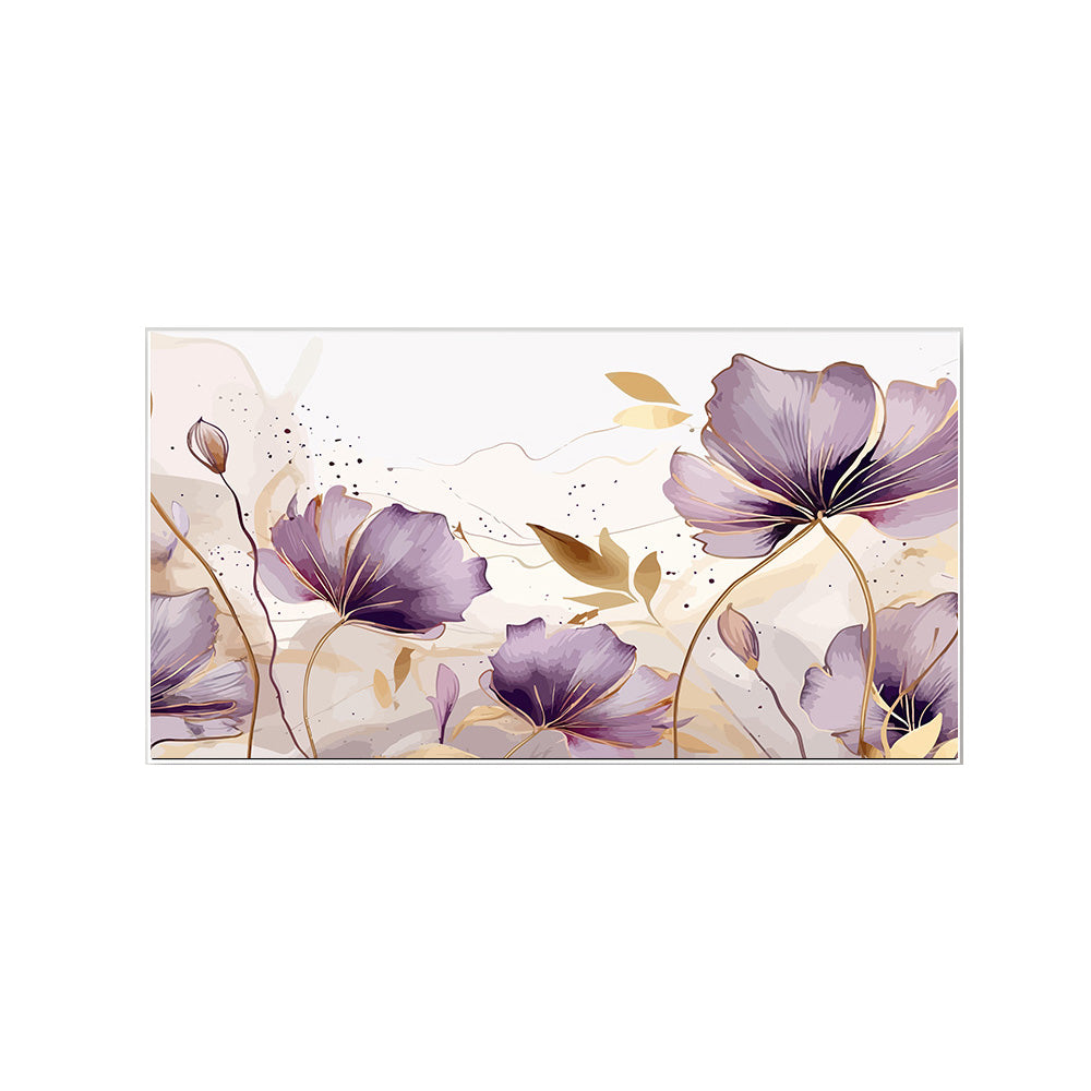 Purple Flower with Golden Leaves Floating Framed Canvas Wall Painting