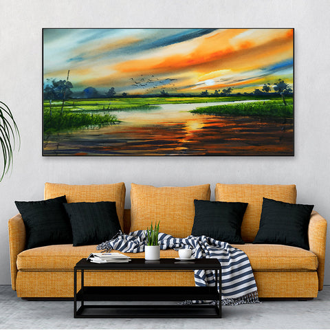 Sunset in Country Side Textured Floating Frame Canvas Wall Paintings