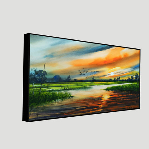 Sunset in Country Side Textured Floating Frame Canvas Wall Paintings