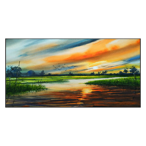 Sunset in Country Side Textured Floating Frame Canvas Wall Paintings