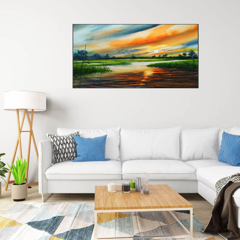 Sunset in Country Side Textured Floating Frame Canvas Wall Paintings