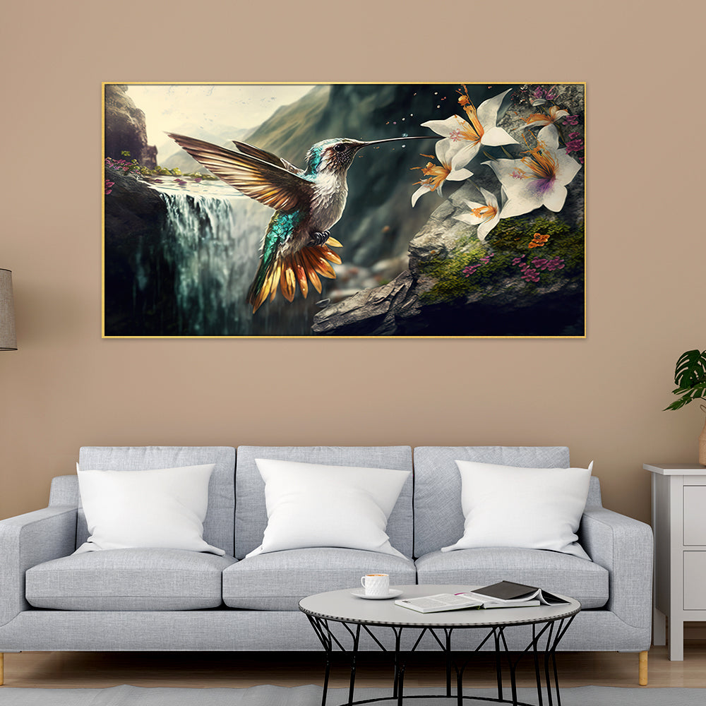 Beautiful Bird with Blue Gold Feathers Flower Nature Landscape Art Print Canvas Floating Frame Wall Painting