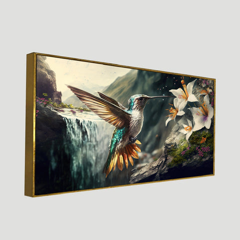 Beautiful Bird with Blue Gold Feathers Flower Nature Landscape Art Print Canvas Floating Frame Wall Painting