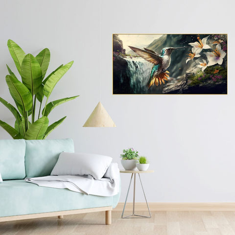 Beautiful Bird with Blue Gold Feathers Flower Nature Landscape Art Print Canvas Floating Frame Wall Painting