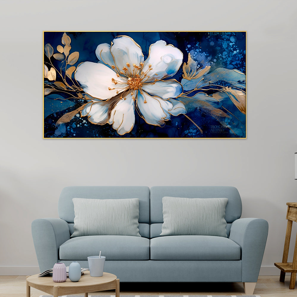 Beautiful Botanical White Gold Flowers Floating Frame Canvas Wall Painting