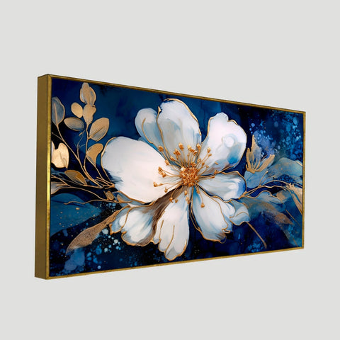 Beautiful Botanical White Gold Flowers Floating Frame Canvas Wall Painting