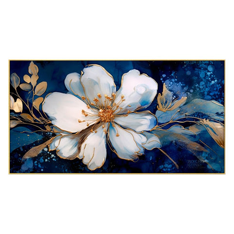 Beautiful Botanical White Gold Flowers Floating Frame Canvas Wall Painting