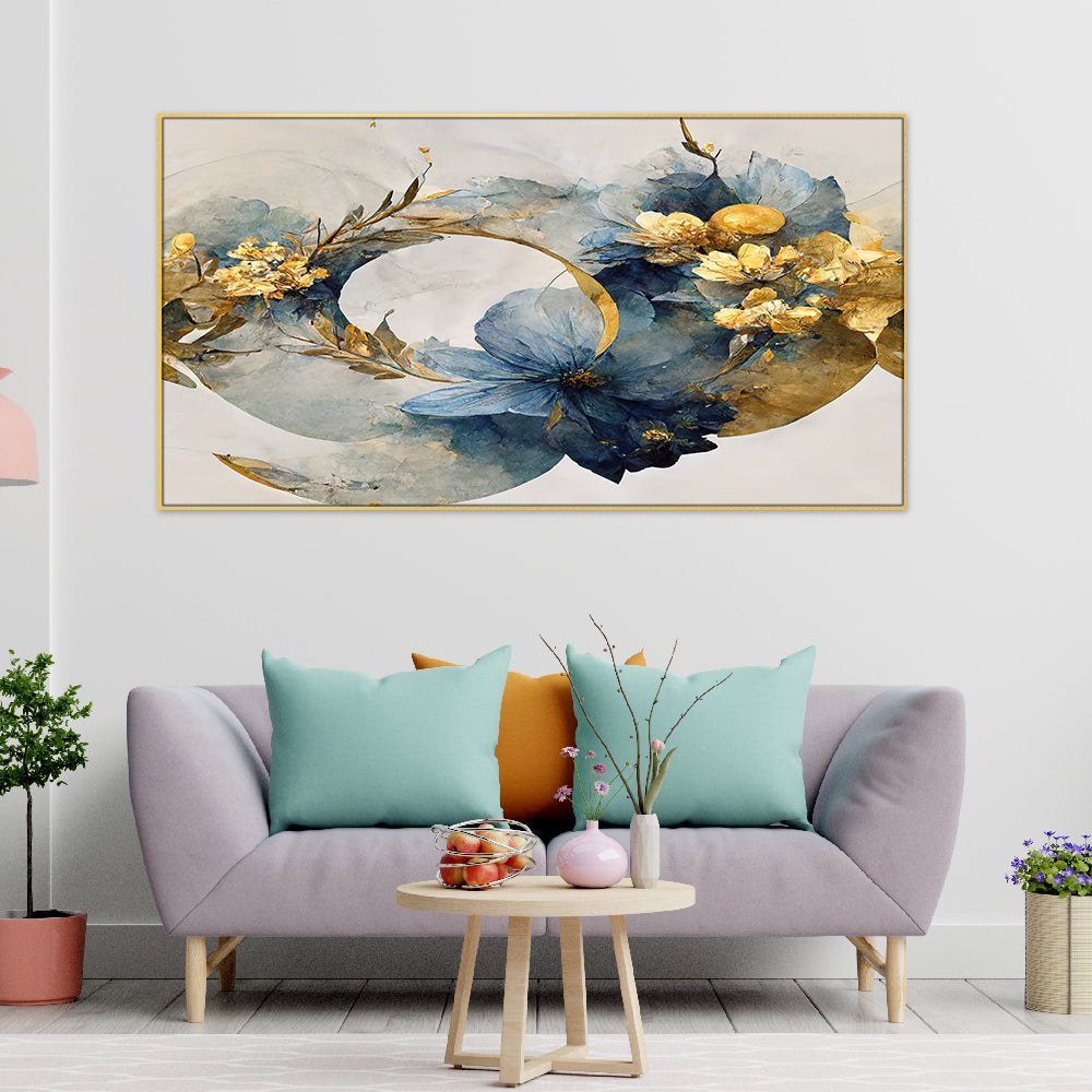 Elegant Flowers with Golden Leaf 3d Illustration Floating Frame Canvas Wall Painting