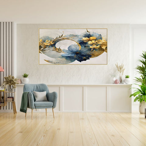 Elegant Flowers with Golden Leaf 3d Illustration Floating Frame Canvas Wall Painting