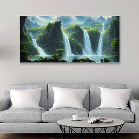 Large Forest Waterfall Nature Landscape Scenery Floating Frame Canvas Wall Painting