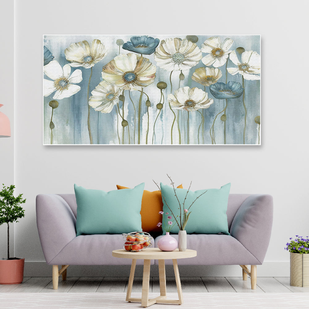 White and Blue Flower Floating Frame Floral Canvas Wall Painting