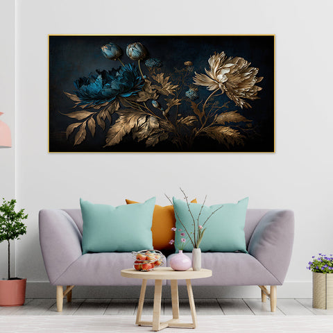 Blue Gold Flowers Floating Frame Canvas Wall Paintings for Home and Office DÃ©cor