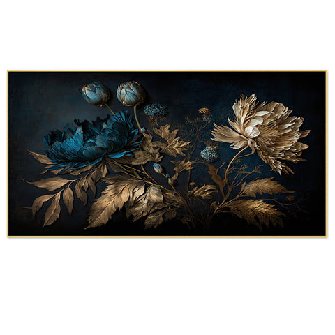 Blue Gold Flowers Floating Frame Canvas Wall Paintings for Home and Office DÃ©cor