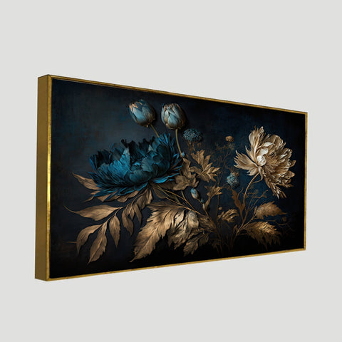 Blue Gold Flowers Floating Frame Canvas Wall Paintings for Home and Office DÃ©cor