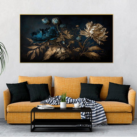 Blue Gold Flowers Floating Frame Canvas Wall Paintings for Home and Office DÃ©cor