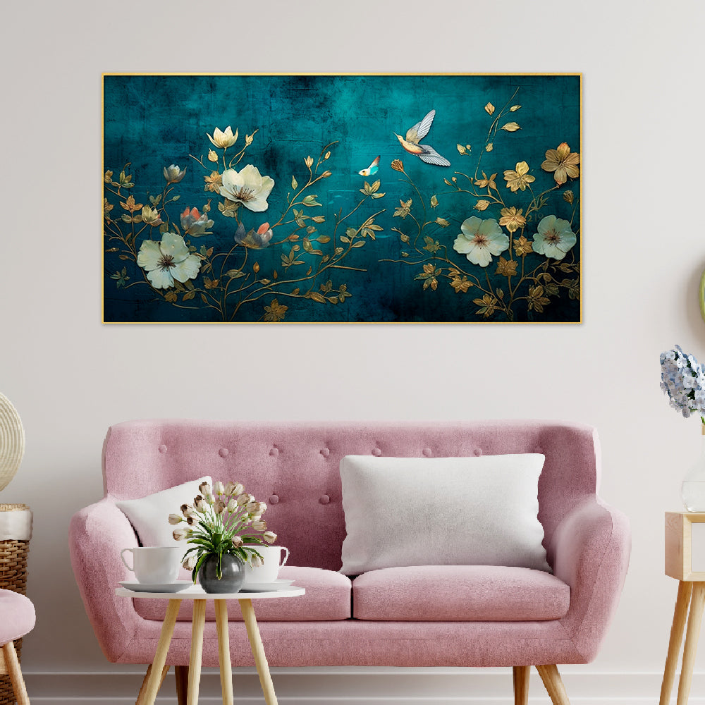 White and Gold Color Flower With Floating Frame Canvas Wall Painting