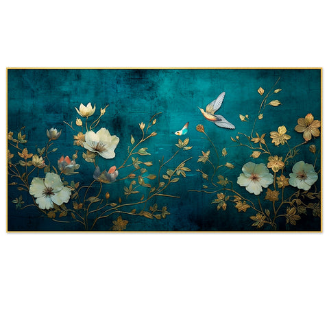 White and Gold Color Flower With Floating Frame Canvas Wall Painting