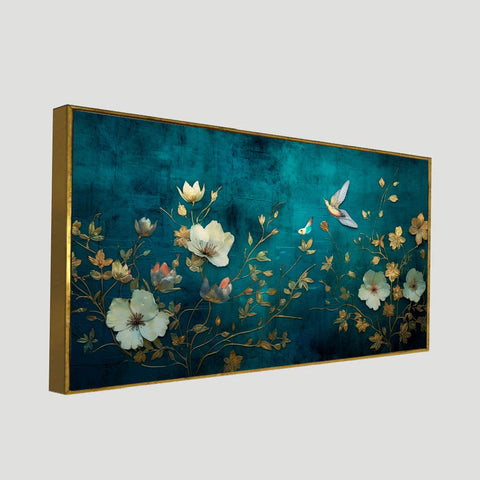 White and Gold Color Flower With Floating Frame Canvas Wall Painting