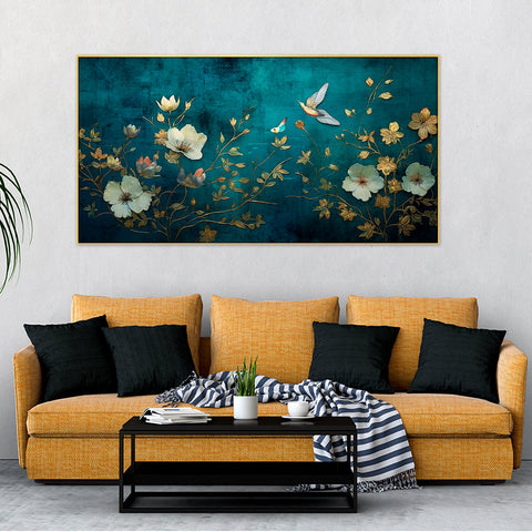 White and Gold Color Flower With Floating Frame Canvas Wall Painting