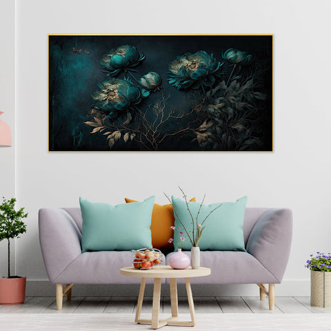 Teal Color Flowers Floating Frame Canvas Wall Painting