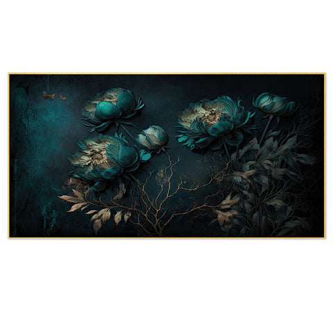 Teal Color Flowers Floating Frame Canvas Wall Painting