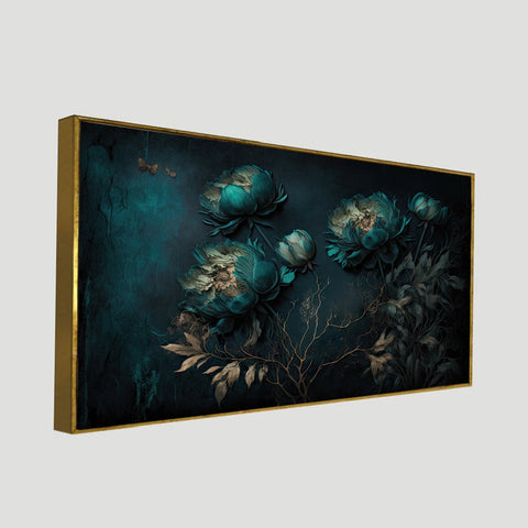 Teal Color Flowers Floating Frame Canvas Wall Painting