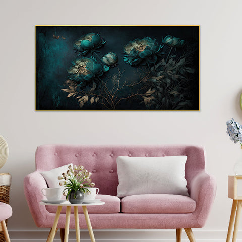 Teal Color Flowers Floating Frame Canvas Wall Painting