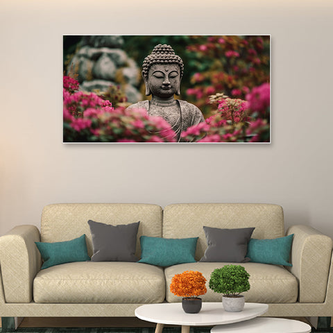 Meditating Lord Budha with Flowers Canvas Wall Painting