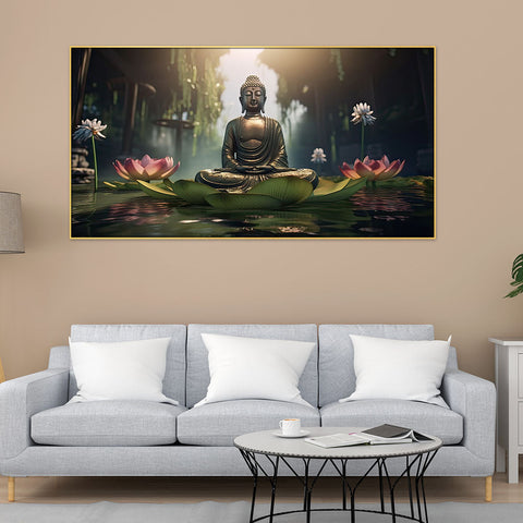 Meditating Budha With Pink Lotus Flower Canvas Wall Painting