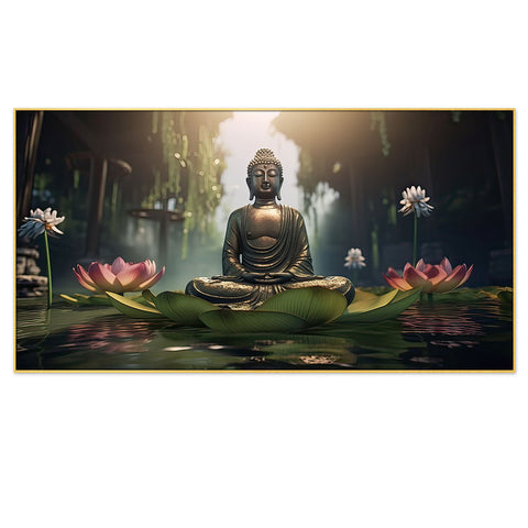 Meditating Budha With Pink Lotus Flower Canvas Wall Painting