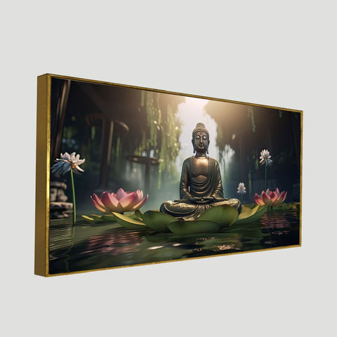 Meditating Budha With Pink Lotus Flower Canvas Wall Painting