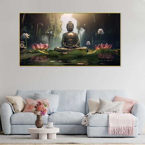 Meditating Budha With Pink Lotus Flower Canvas Wall Painting