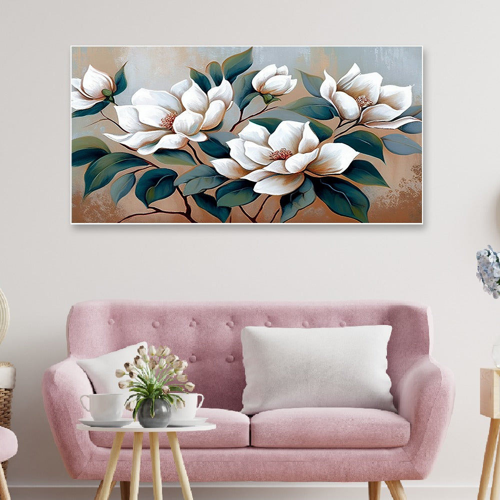 Abstract Modern Art White Floral Canvas Painting With Floating Frame