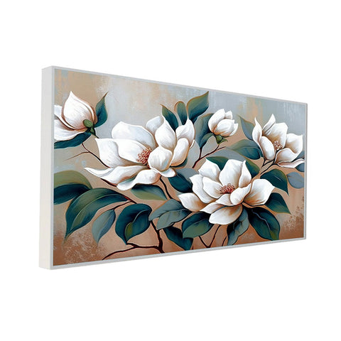 Abstract Modern Art White Floral Canvas Painting With Floating Frame