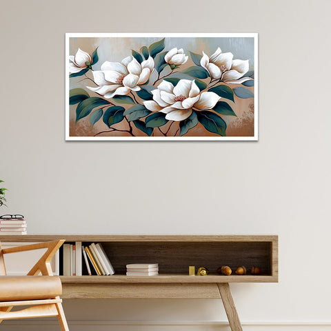 Abstract Modern Art White Floral Canvas Painting With Floating Frame