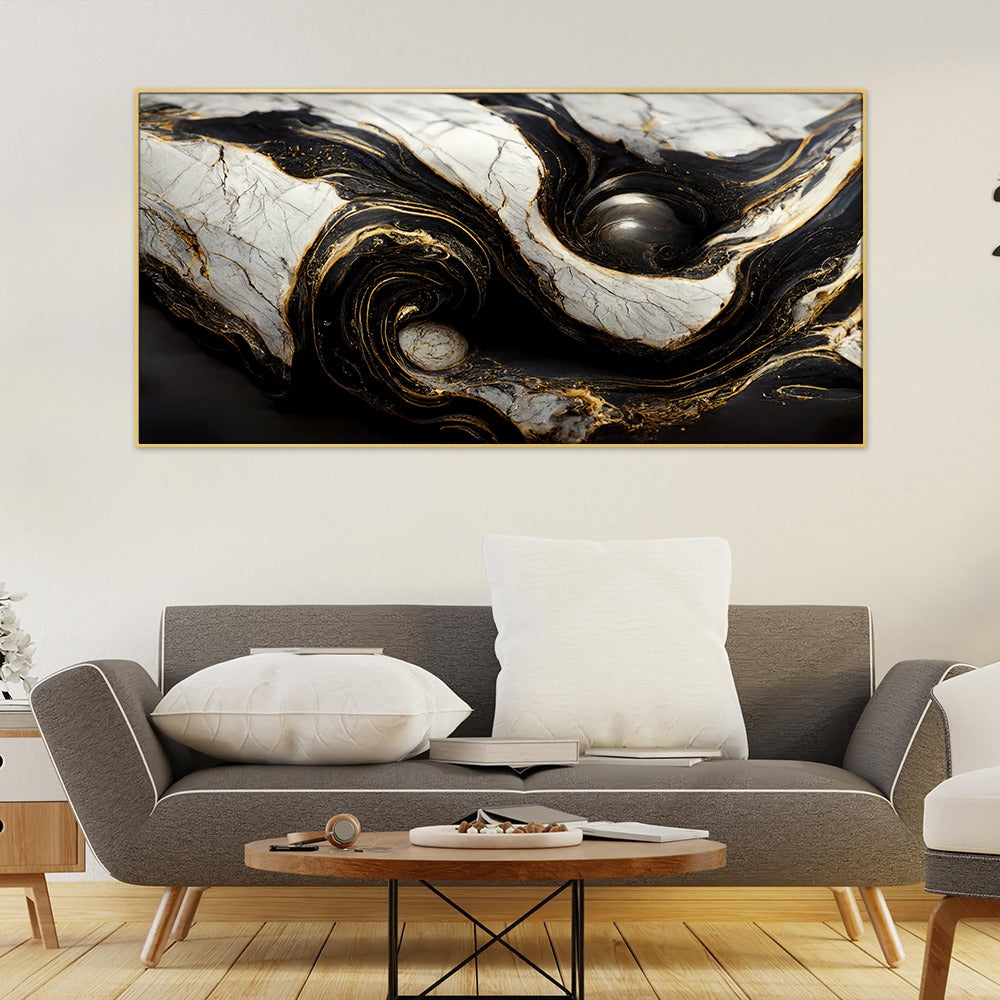 Abstract Swirling Black and White Marble Stone Pattern Floating Frame Canvas Wall Painting