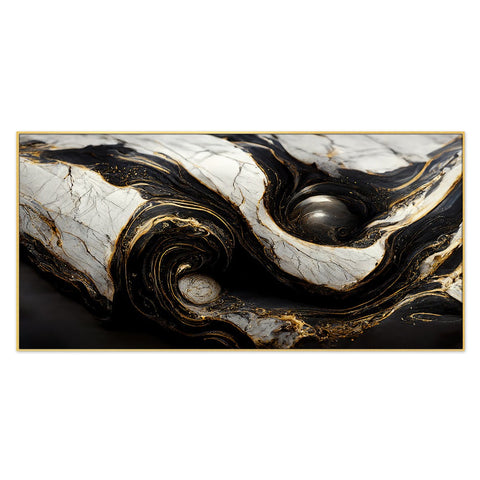 Abstract Swirling Black and White Marble Stone Pattern Floating Frame Canvas Wall Painting