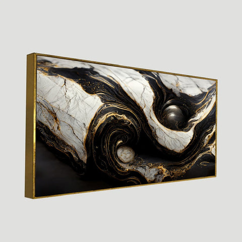 Abstract Swirling Black and White Marble Stone Pattern Floating Frame Canvas Wall Painting