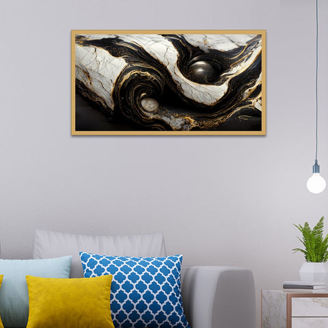 Abstract Swirling Black and White Marble Stone Pattern Floating Frame Canvas Wall Painting