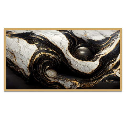 Abstract Swirling Black and White Marble Stone Pattern Floating Frame Canvas Wall Painting