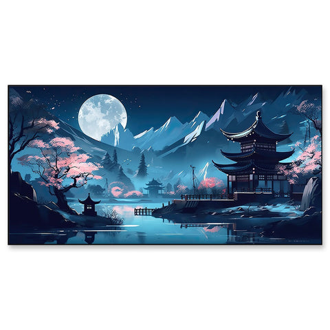 Asian Chinese Cartoon Style Blue Colors Pagoda Temple Tower Floating Frame Canvas Painting