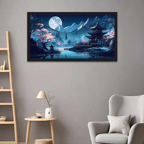 Asian Chinese Cartoon Style Blue Colors Pagoda Temple Tower Floating Frame Canvas Painting