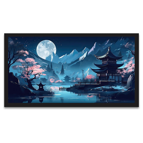 Asian Chinese Cartoon Style Blue Colors Pagoda Temple Tower Floating Frame Canvas Painting