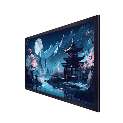 Asian Chinese Cartoon Style Blue Colors Pagoda Temple Tower Floating Frame Canvas Painting