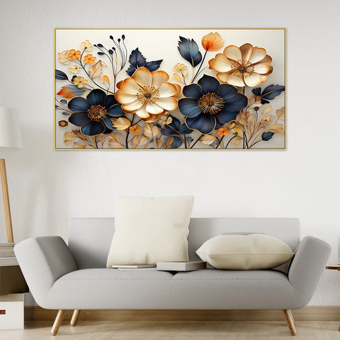 Beautiful Golden and Black 3D Flower Floating Frame Canvas Wall Painting